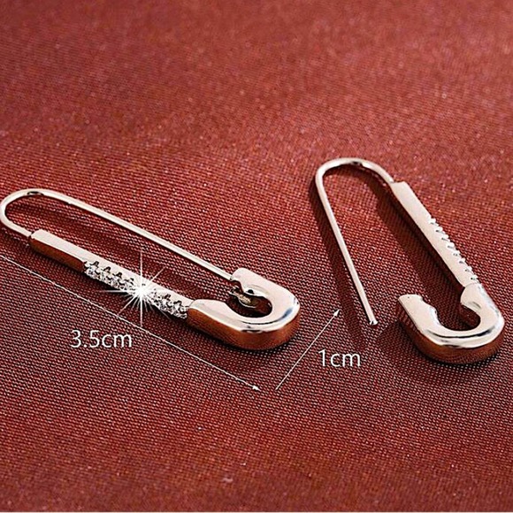 Silver Zircon Safety Pin Earrings, Minimalist, Punk, Gift For Teenager - Picture 3 of 9